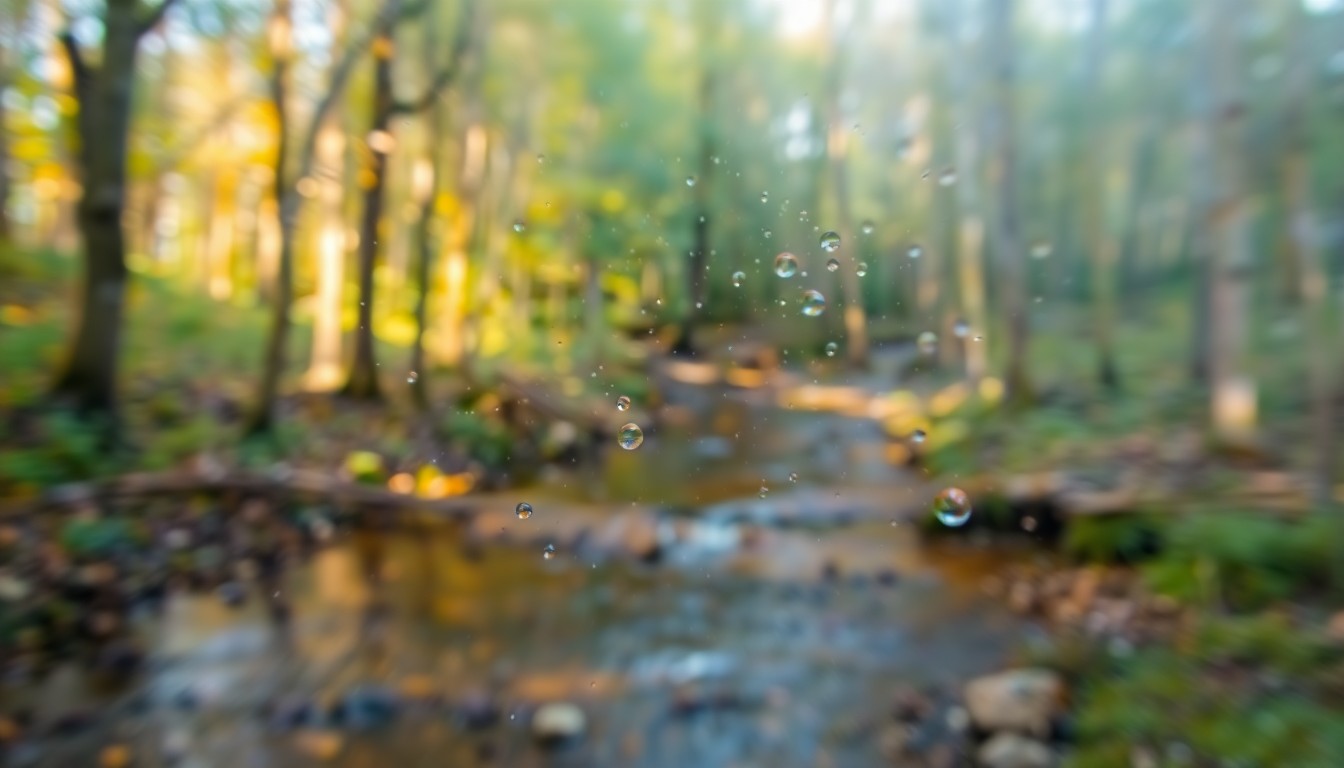 An abstract, impressionistic photograph of a wooded creek scene, with the water and surrounding foliage blurred into soft, colorful shapes and textures.