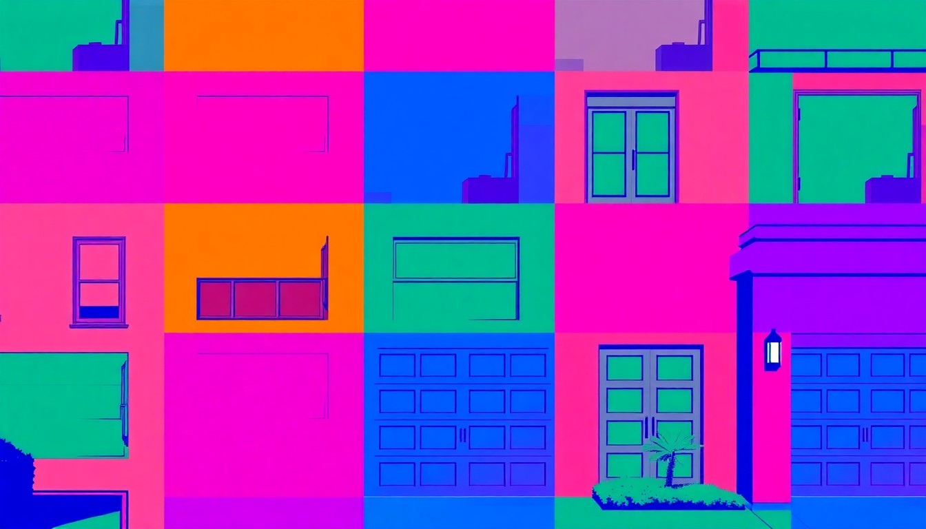 A brightly colored, high-contrast silkscreen print of a single, iconic luxury home exterior element repeated in a tight grid pattern, conceptually representing the premium design and amenities of this Federal Way property.