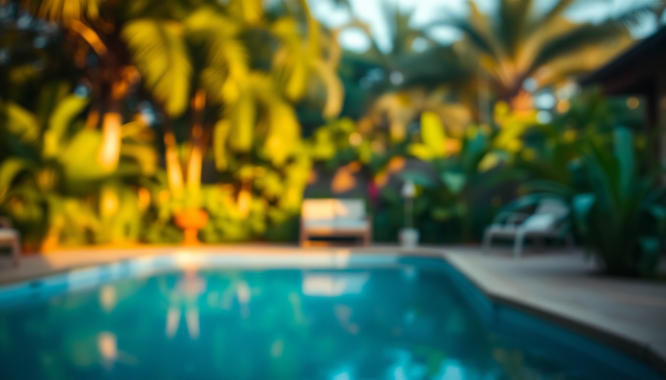 An abstract, out-of-focus photograph featuring a blurred backyard pool surrounded by lush greenery, with warm, hazy light filtering through the scene, creating a tranquil and relaxing atmosphere.