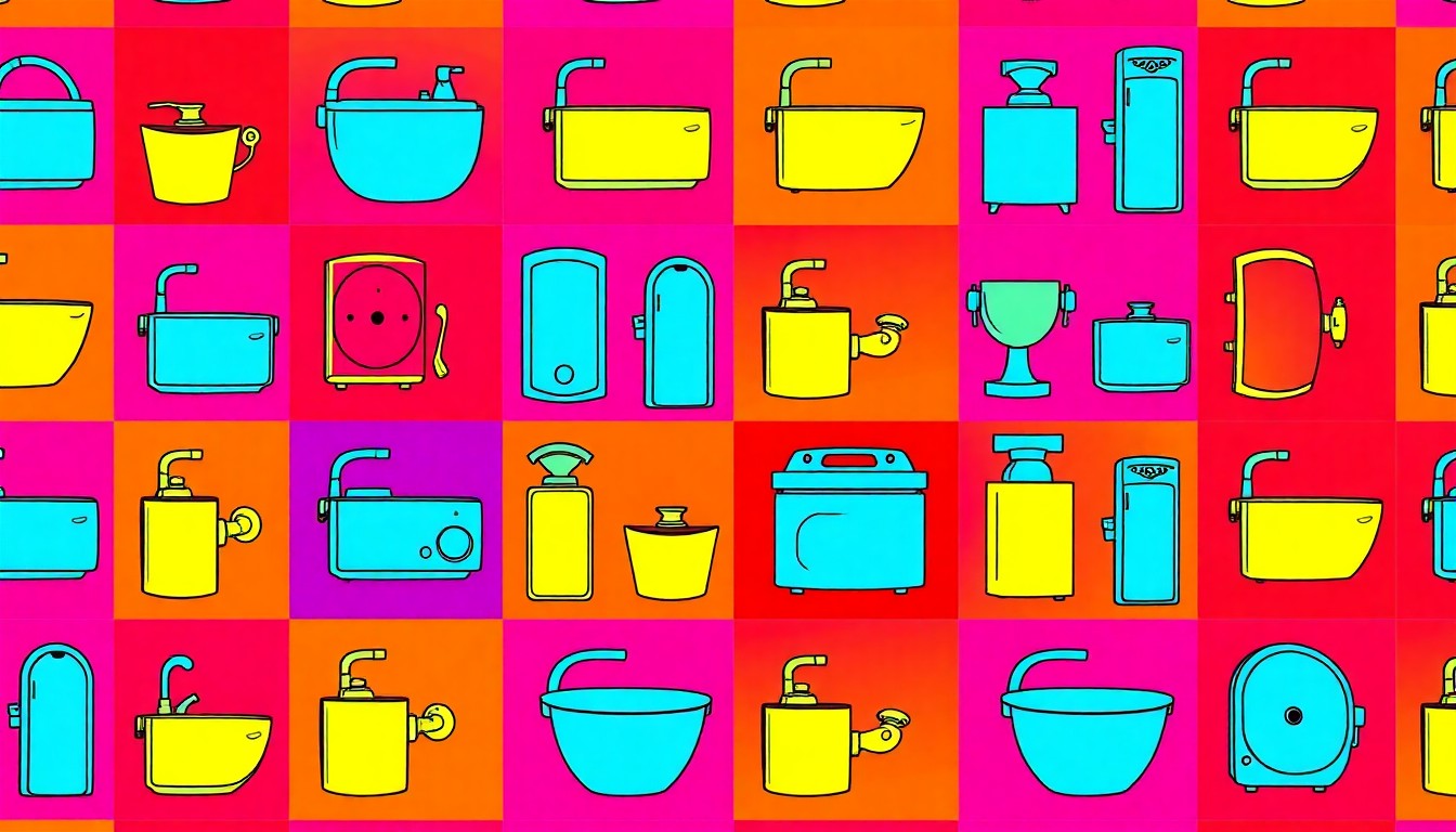 A vibrant, abstract silkscreen print featuring a repeated pattern of a luxury kitchen appliance or architectural detail in a grid of neon colors and bold black outlines, conceptually representing the high-end features of the Paw Paw ranch home.