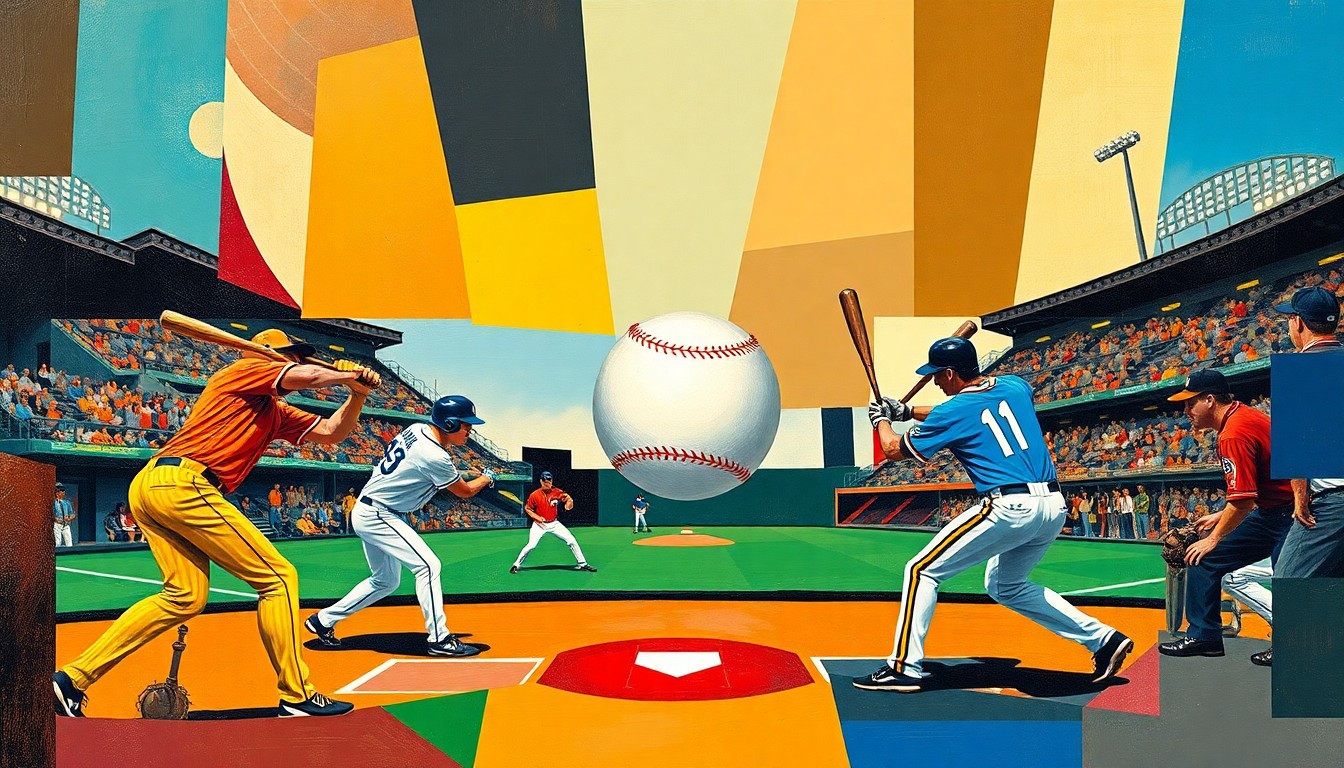 A cubist-style painting depicting a baseball game in motion, with players, bats, and a ball broken down into sharp, overlapping geometric shapes and planes of vibrant team colors against a neutral stadium backdrop, conveying the dynamic energy and high-stakes rivalry of the matchup.