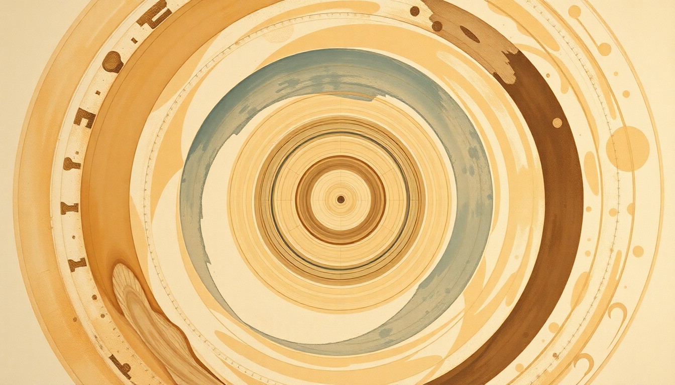 A bold, abstract painting featuring sweeping geometric shapes, concentric circles, and precise spirals in earthy tones, conceptually representing the complex data systems and informatics that support NASA's scientific research.