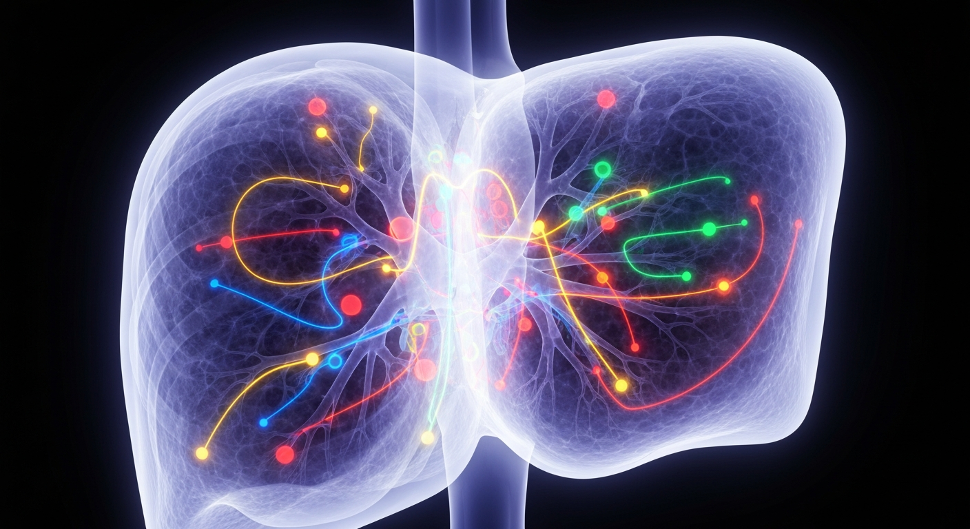 A highly detailed, translucent X-ray photograph of a human liver, with glowing lines and shapes representing the complex genetic pathways involved in fat production and fat burning. The image conveys a sense of scientific discovery and the potential for a new therapeutic approach to metabolic disorders.
