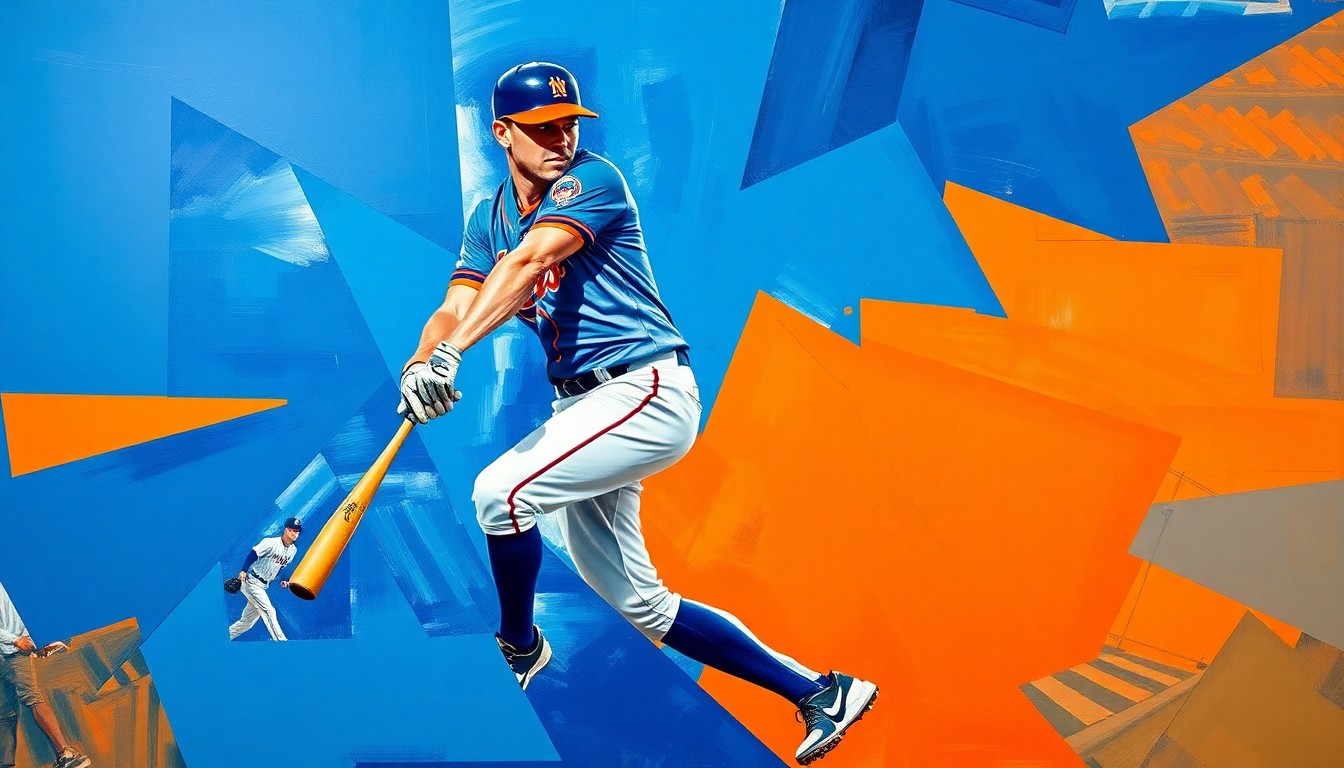 A cubist, geometric painting depicting the fractured motion of a baseball player, with sharp, overlapping planes in the Mets' blue and orange colors, conveying the energy and anticipation of the star outfielder's potential return.