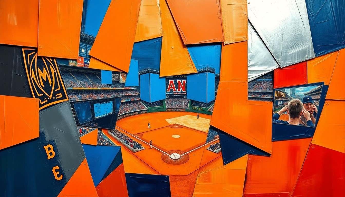 A cubist, geometric painting depicting a baseball game, with sharp, overlapping planes of bright orange, deep blue, and metallic silver representing the dynamic action and energy of the contest.