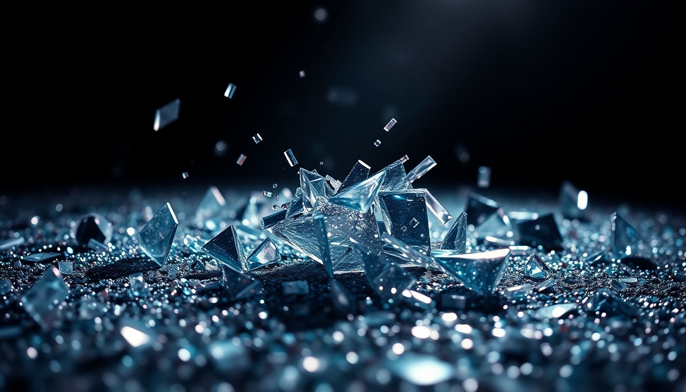 An abstract macro photograph of shattered glass and glittering sequins, capturing the high-contrast textures and dramatic lighting of a high-fashion studio shoot, conceptually representing the complex dynamics of celebrity culture.