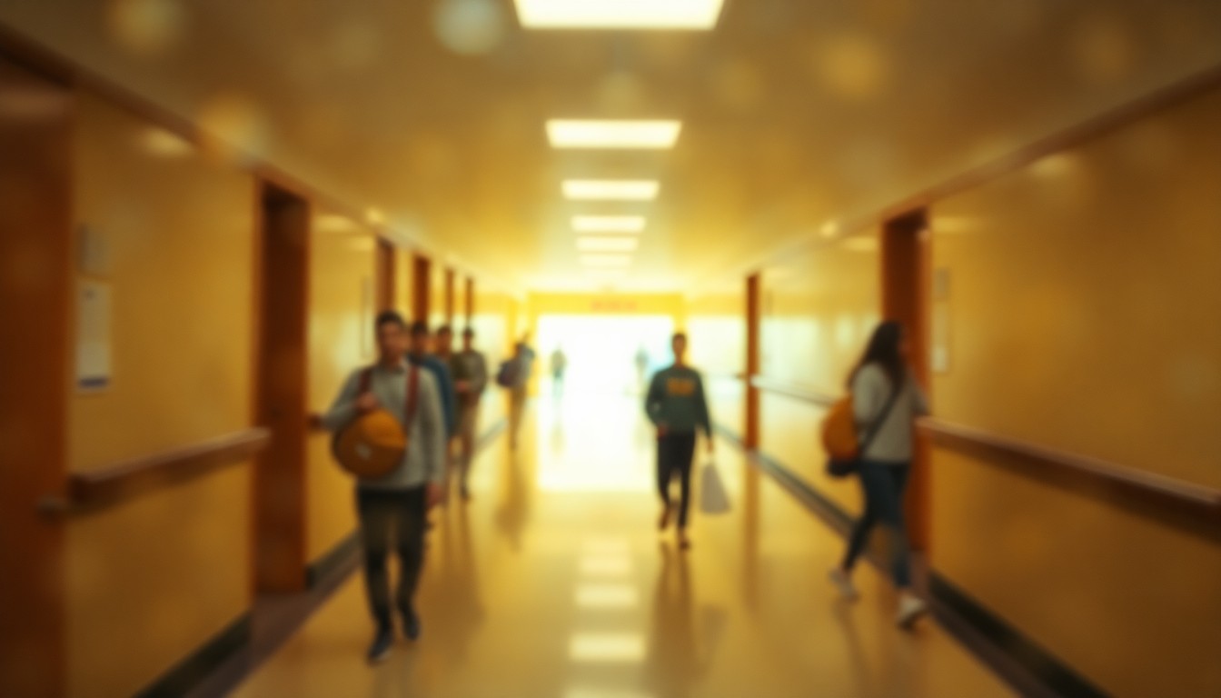 An abstract, blurred image of high school students walking through a hallway, with the scene composed of soft, warm pools of yellow and blue light.