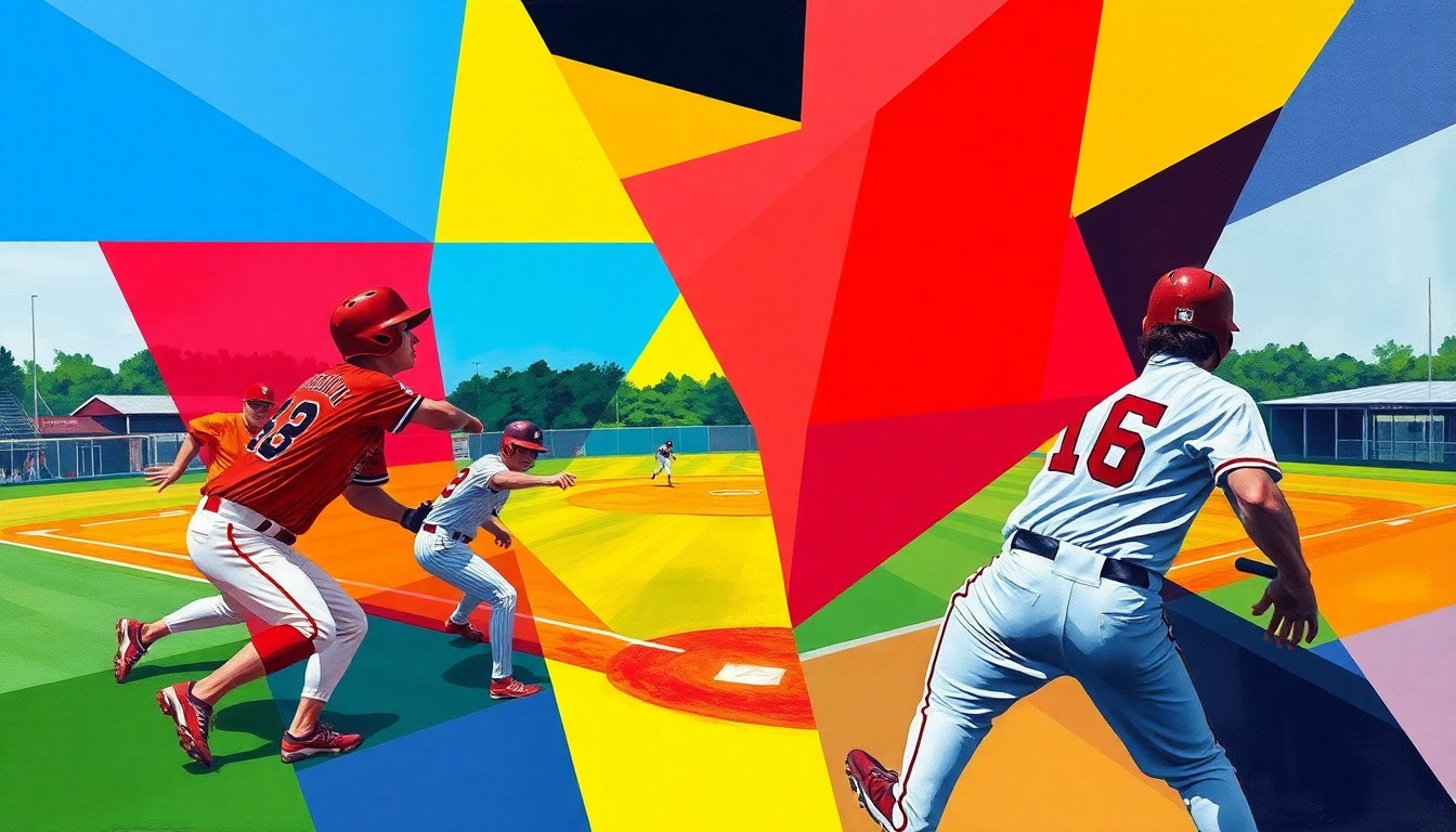 A fractured, multi-perspective painting with sharp, overlapping geometric shapes in the team colors of Whitley County and South Laurel, conceptually representing the dynamic action and competition of a high school baseball game.