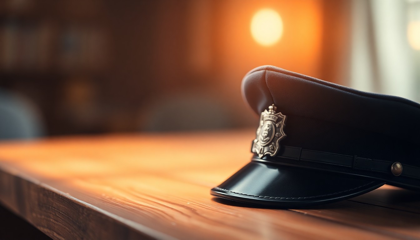 A hazy, out-of-focus photograph of a police uniform, cap, and badge resting on a wooden surface, conveying a sense of loss and remembrance through the soft, dreamlike quality of the image.