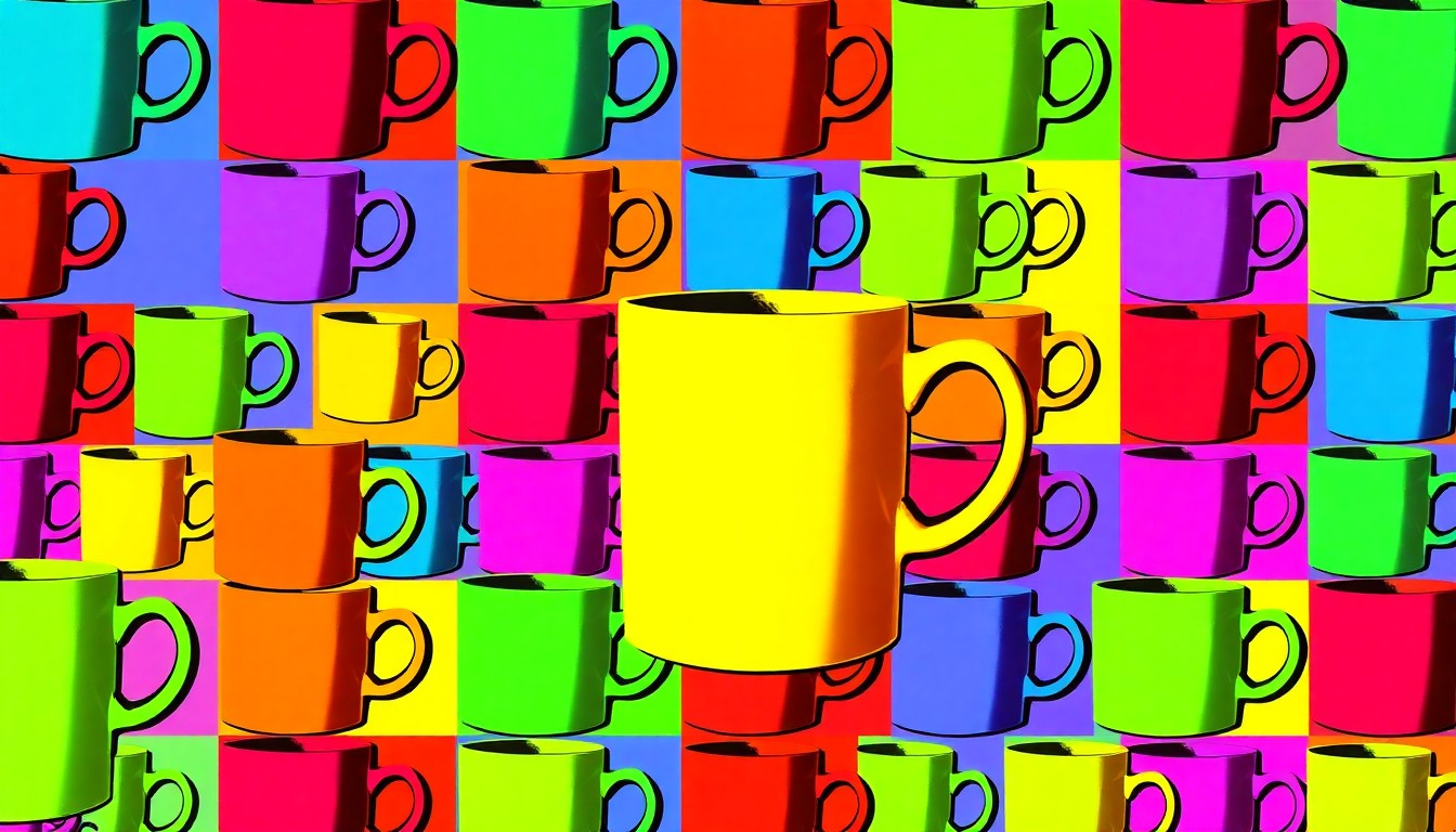 A brightly colored, high-contrast silkscreen print of a vase or other household item, repeated in a tight grid pattern in the style of Andy Warhol, conceptually representing the modern, consumer-focused appeal of this updated Jericho home.