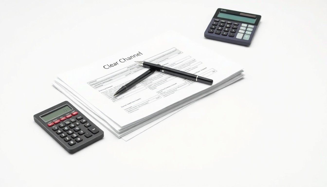 A high-end, photorealistic studio still-life photograph featuring a stack of financial documents, a pen, and a calculator on a clean white background, conceptually representing the abstract corporate strategy and financial details behind the Clear Channel debt restructuring and merger.
