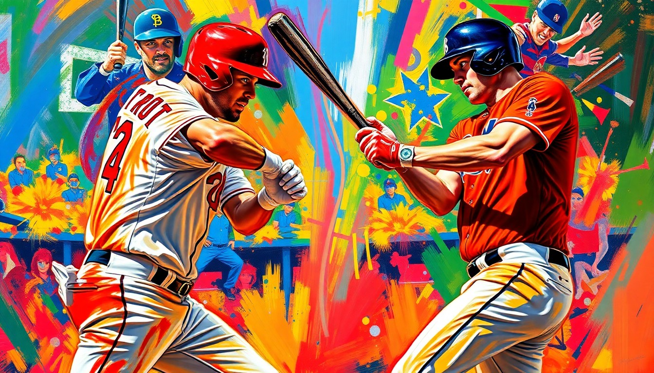 An abstract, energetic painting featuring bold, neon-colored brushstrokes that capture the explosive power and dynamic motion of a baseball game between two elite players.
