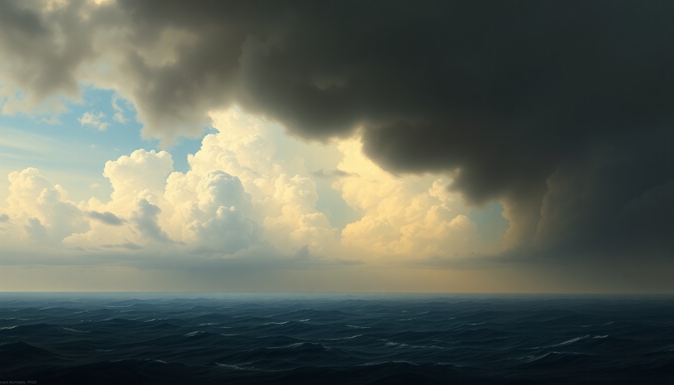 A dramatic, atmospheric landscape painting in muted tones of gray, blue, and green, depicting a stormy, turbulent sky over a vast, open ocean. The scene conveys a sense of the sublime power of nature, with the horizon line receding into the distance and minimal physical structures or human elements present.