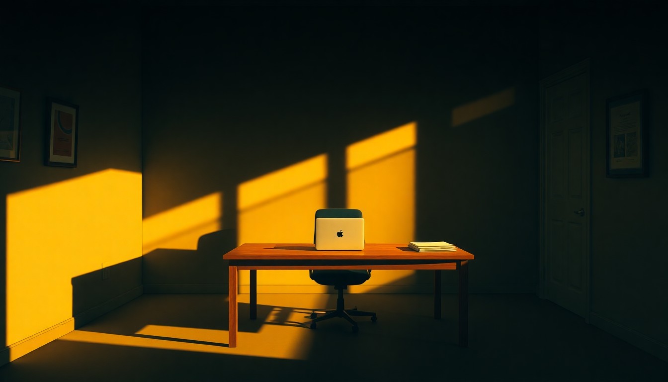 A dimly lit government office desk with a laptop computer and papers, the scene bathed in warm, diagonal sunlight and deep shadows, conceptually representing the use of digital records and metadata for government oversight.