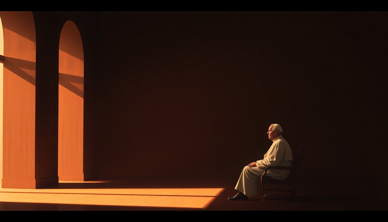 A solitary figure, either the President or the Pope, sits alone in a dimly lit room or public space, bathed in warm, diagonal sunlight and deep shadows, creating a contemplative and melancholic mood.