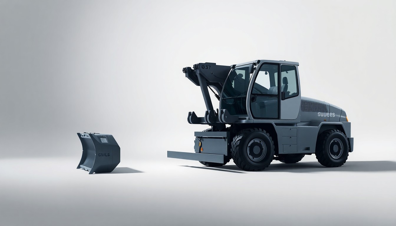 A photorealistic studio still-life photograph of a sleek, polished electric material handler in shades of grey and silver, resting on a clean, monochromatic background and illuminated by dramatic studio lighting, conceptually representing the industry's embrace of sustainable technology.