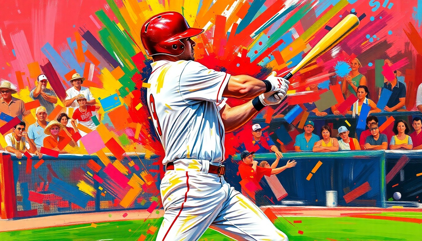An abstract, expressionist painting in neon colors depicting the powerful batting motion of a baseball player, conveying the raw energy and athleticism of the sport.