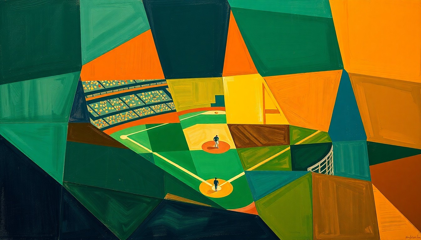 A fragmented, cubist-style painting depicting a baseball game or match, with the players and field broken down into sharp, overlapping geometric shapes in shades of green, blue, and orange, conveying a sense of uncertainty and transition.