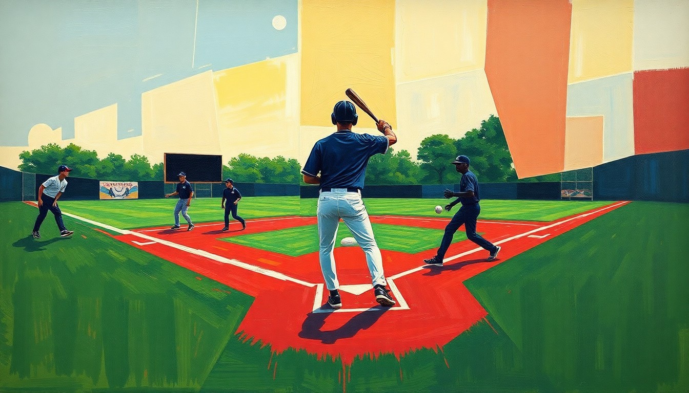 A fragmented, geometric painting depicting the action and energy of a high school softball game, with overlapping planes of green, red, and player silhouettes.