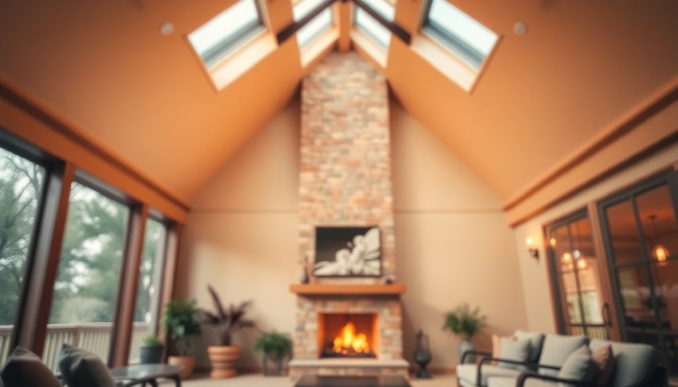 An extremely abstracted, out-of-focus photograph in warm, soft pools of light and color, depicting a cozy outdoor living space with a fireplace, cathedral ceiling, and skylights.