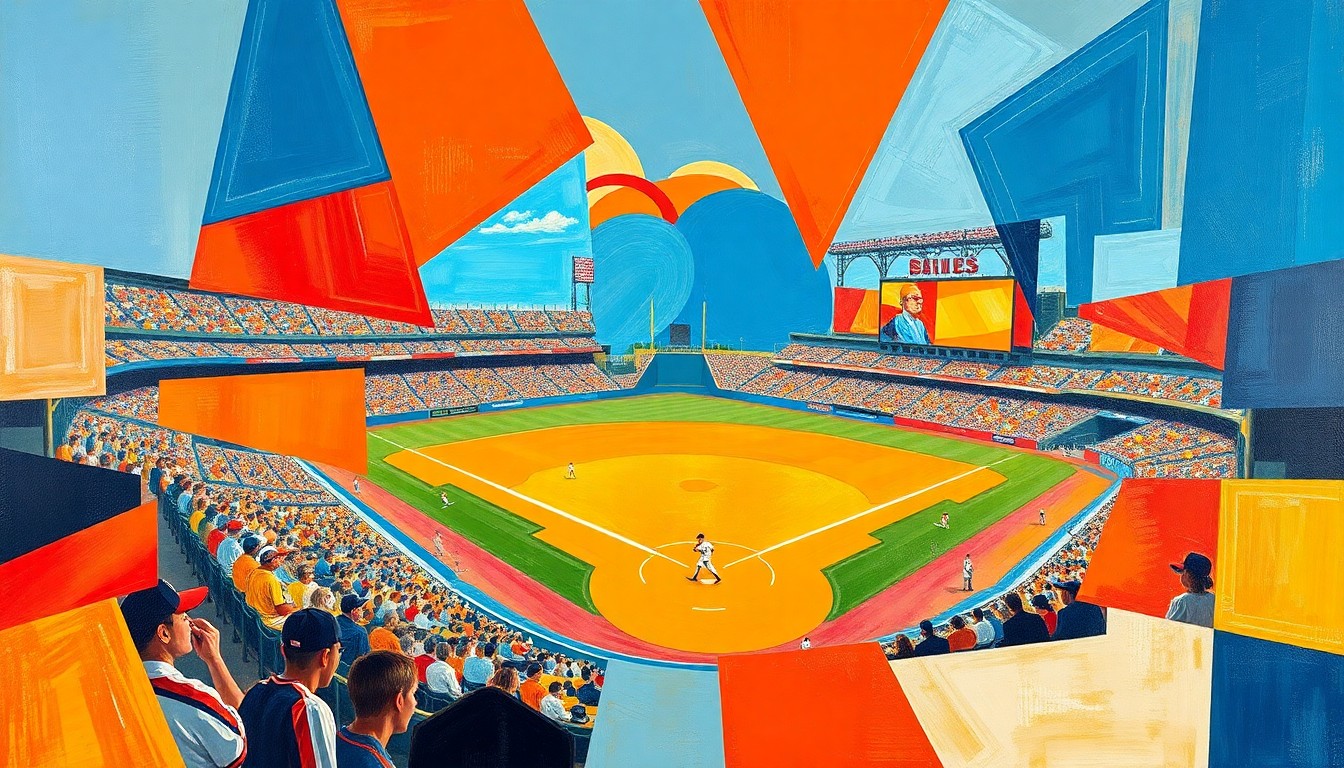A fractured, geometric painting in vibrant colors depicting various baseball actions and players in an abstract, cubist style, conveying the energy and excitement of the Orioles' comeback win.
