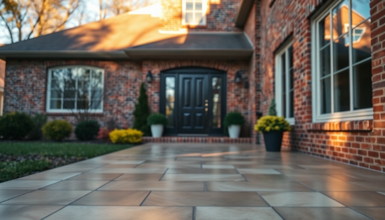 An abstract, out-of-focus photograph of a historic brick home's exterior, with soft, warm pools of light and color reflecting off the newly installed porcelain tile entryway, conceptually representing the blend of old and new in this luxury property.