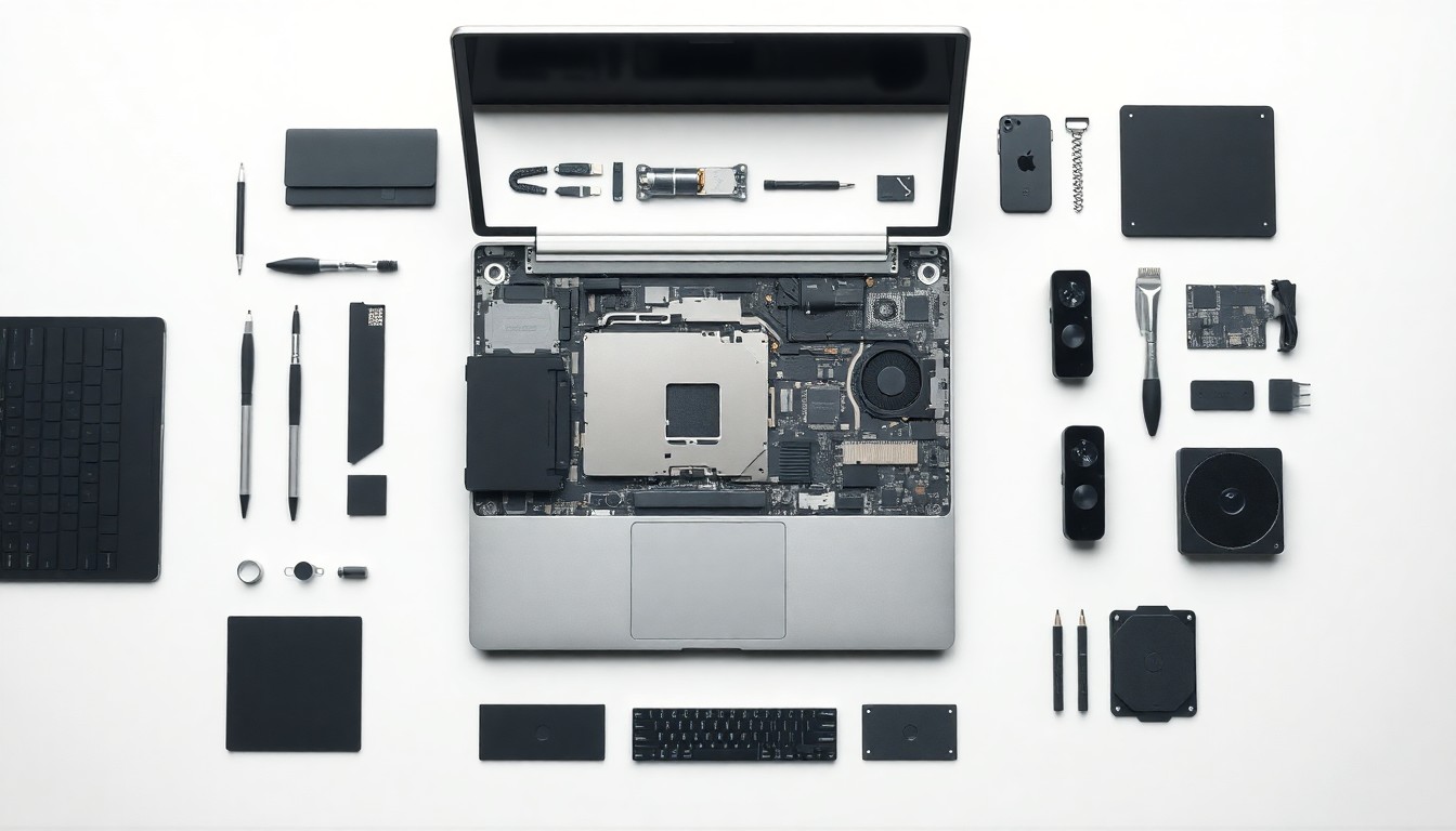 An extreme close-up of the internal components of a disassembled laptop computer, including the motherboard, processor, and other parts, arranged in a minimalist, industrial design style to illustrate the fair's focus on repairing and maintaining technology.