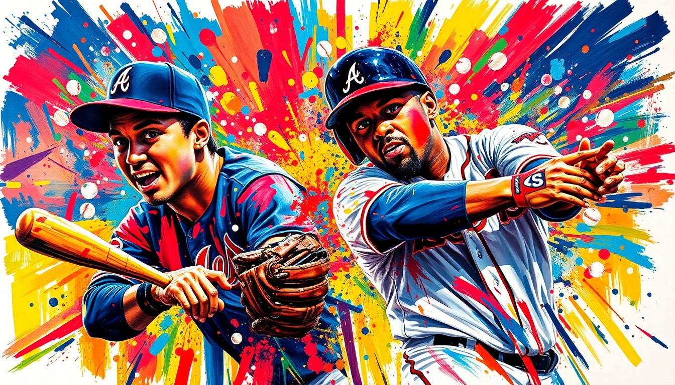 An abstract expressionist painting in vibrant neon colors, with dynamic brushstrokes capturing the energy and drama of a baseball game between two teams.