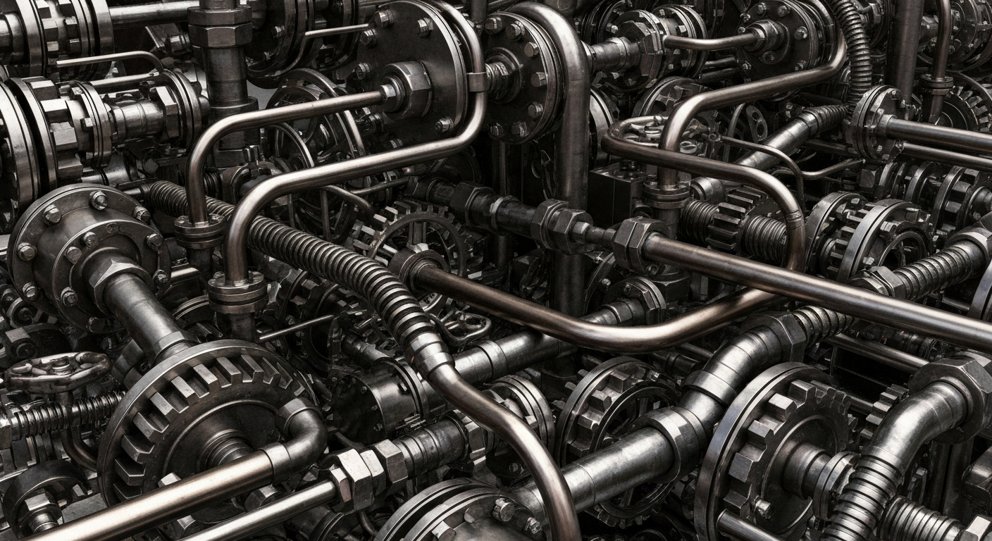 An extreme close-up of a complex network of metal gears, pipes, and valves in shades of steel grey, bronze, and black, conceptually representing the heavy infrastructure and mechanics of global finance and banking.