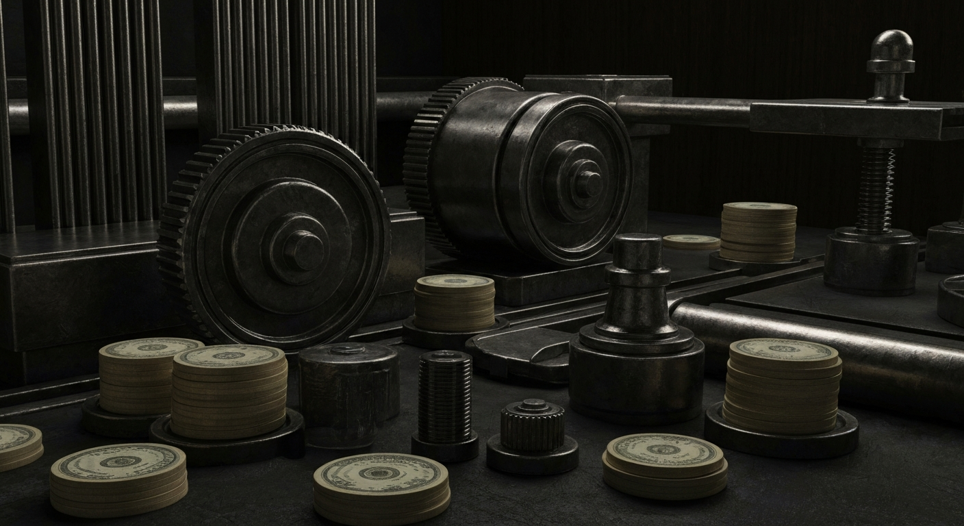 An extreme close-up of interlocking gears, levers, and other heavy machinery in muted tones, conveying the underlying physical infrastructure that supports the world of finance.