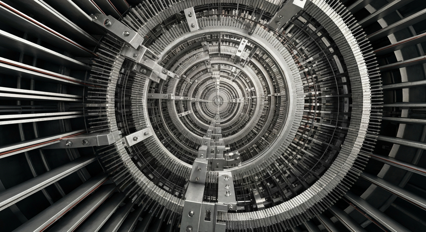 An extreme close-up of the heavy, industrial machinery and mechanisms inside a bank vault, conveying the secure, institutional nature of financial holdings without using any literal currency or charts.