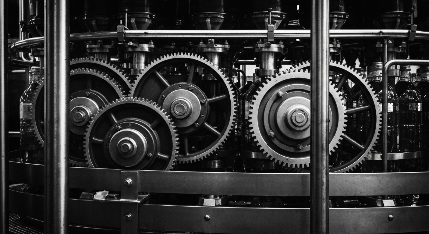 A high-contrast, close-up black and white photograph of the complex machinery and mechanisms that make up an industrial-scale beverage bottling and distribution system, conveying the scale and power of Coca-Cola's operations as a metaphor for the company's position in the market.