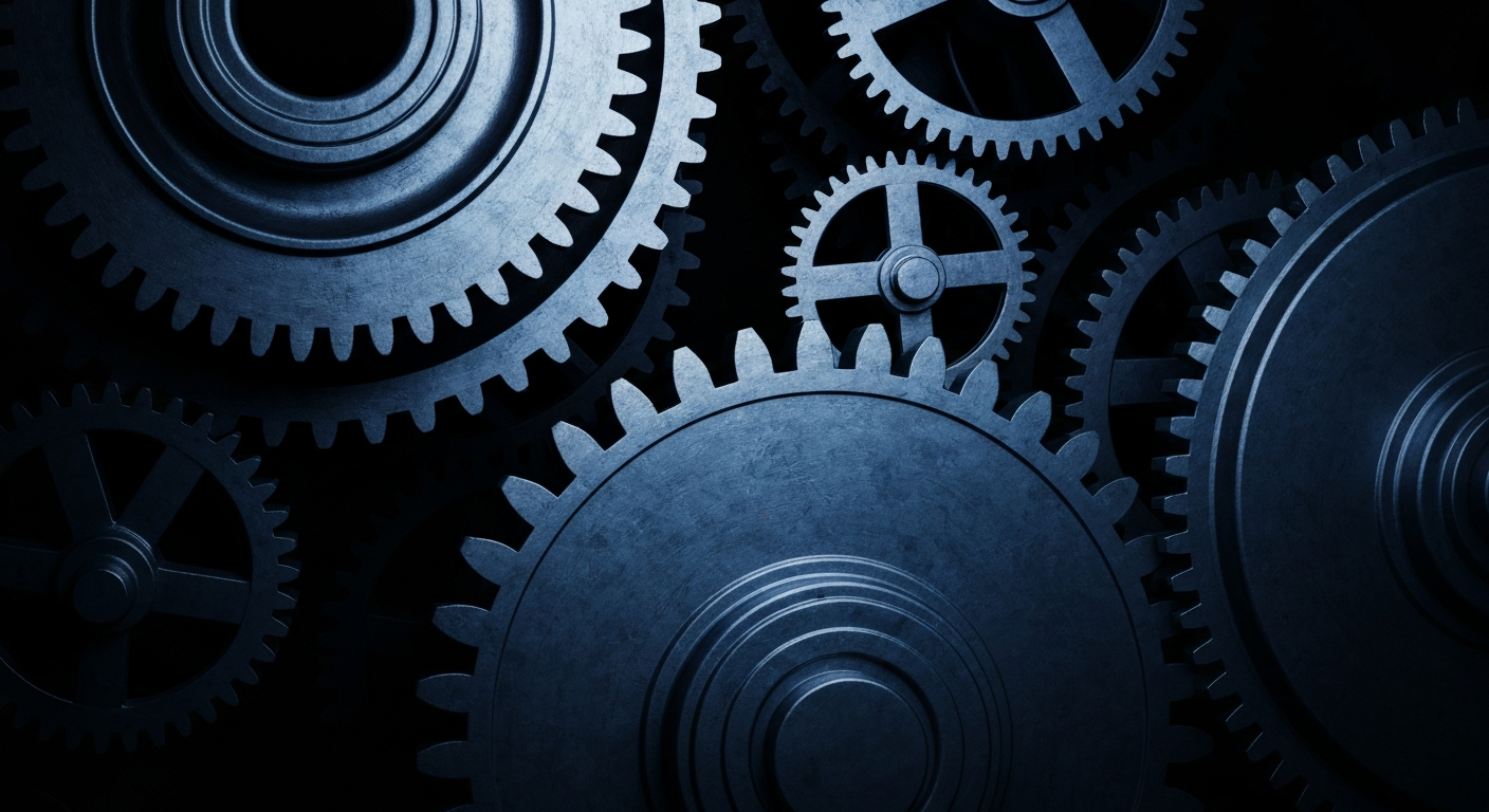 An extreme close-up of heavy, industrial banking and financial machinery, conveying the complex, powerful infrastructure behind the biotech industry without using any literal currency or charts.