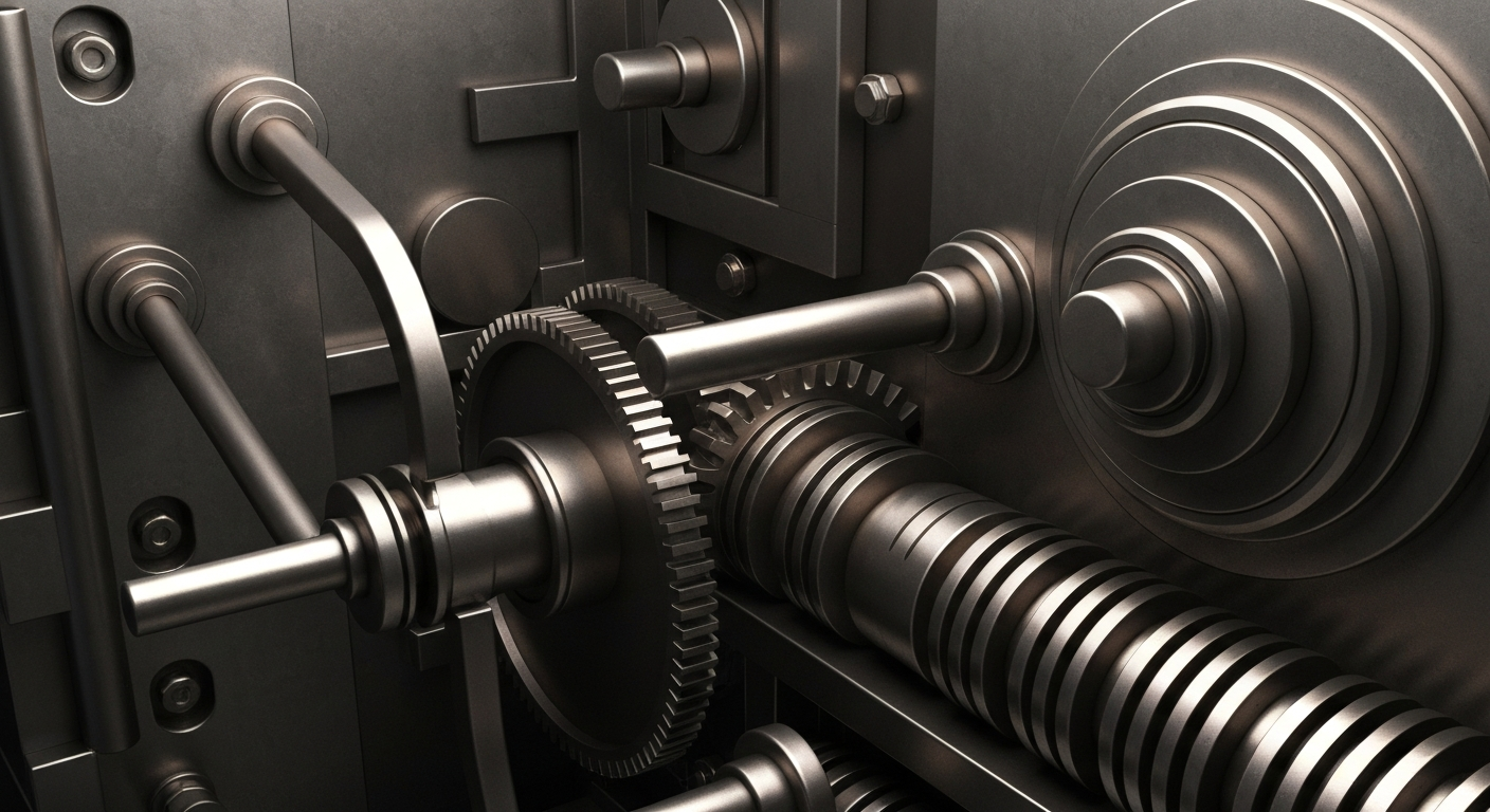 A highly detailed, industrial close-up of the inner mechanisms of a bank vault, with gears, levers, and heavy metal components, conceptually representing the complex financial infrastructure supporting the insurance sector.
