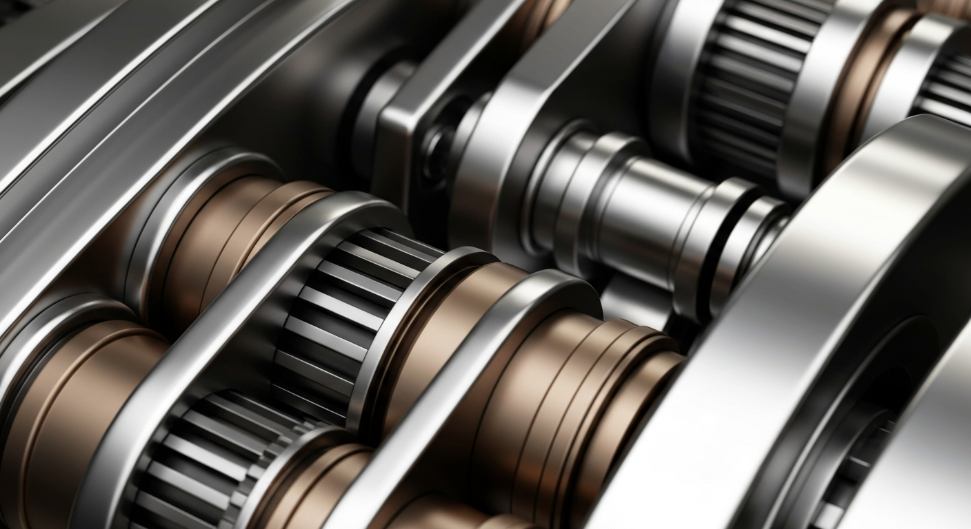 An extreme close-up of intricate, interlocking metal gears and mechanisms, representing the complex financial systems and institutional strength of a major bank.