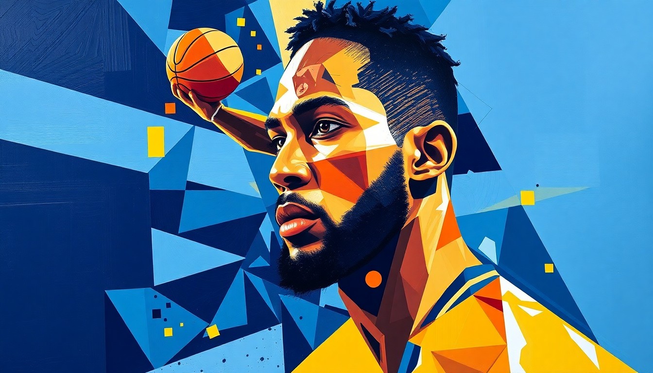 A fragmented, cubist-style painting depicting a basketball player in motion, with sharp geometric shapes and planes in the Grizzlies' team colors of navy blue, light blue, and gold, conceptually representing the complex legacy of Ja Morant with the franchise.
