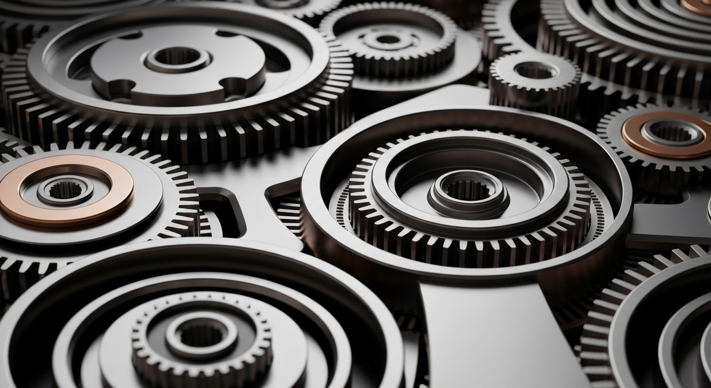 An extreme close-up of complex, interlocking metal gears and machinery, representing the inner workings of a major technology company without using any literal financial symbols or branding.