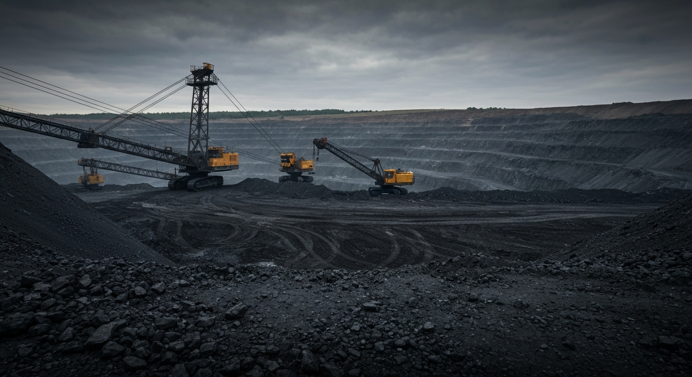 An extreme close-up of gears, levers, and other heavy industrial mining equipment, conveying the tangible, physical nature of the mining industry without using any literal financial symbols or charts.