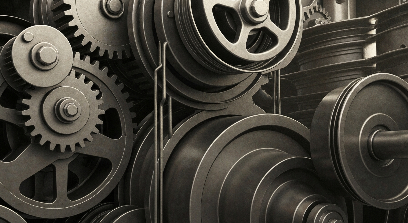 An extreme close-up of shiny, metallic gears and pulleys, representing the complex financial infrastructure supporting Netflix's growth as a streaming giant.