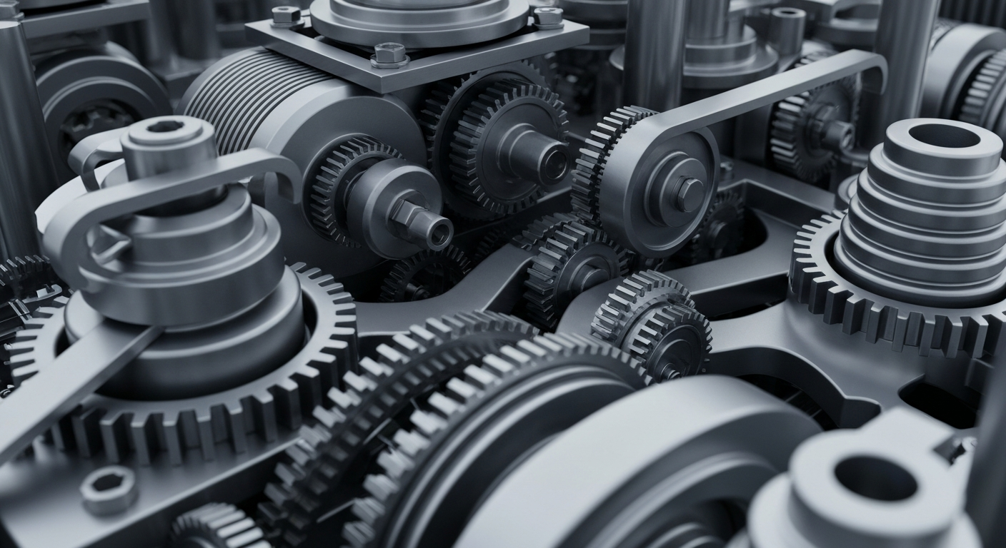 An extreme close-up of intricately designed metal gears and machinery, representing the inner workings of a powerful financial institution and the flow of capital in the modern economy.