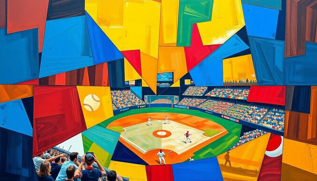 A cubist, geometric painting depicting a baseball game or match, with sharp, overlapping planes of color representing the dynamic action on the field.