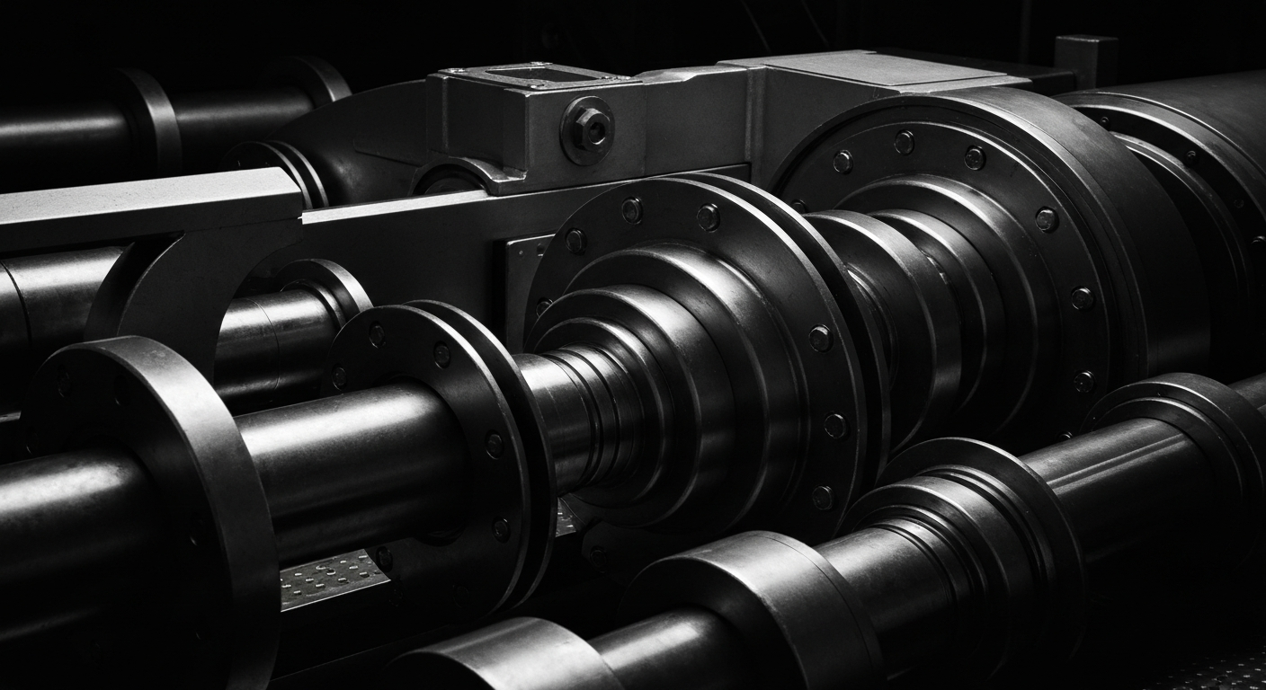 A close-up, high-contrast black and white image of the complex mechanical and electronic components that make up the internal systems of a high-tech defense technology product, conveying a sense of industrial power and precision.