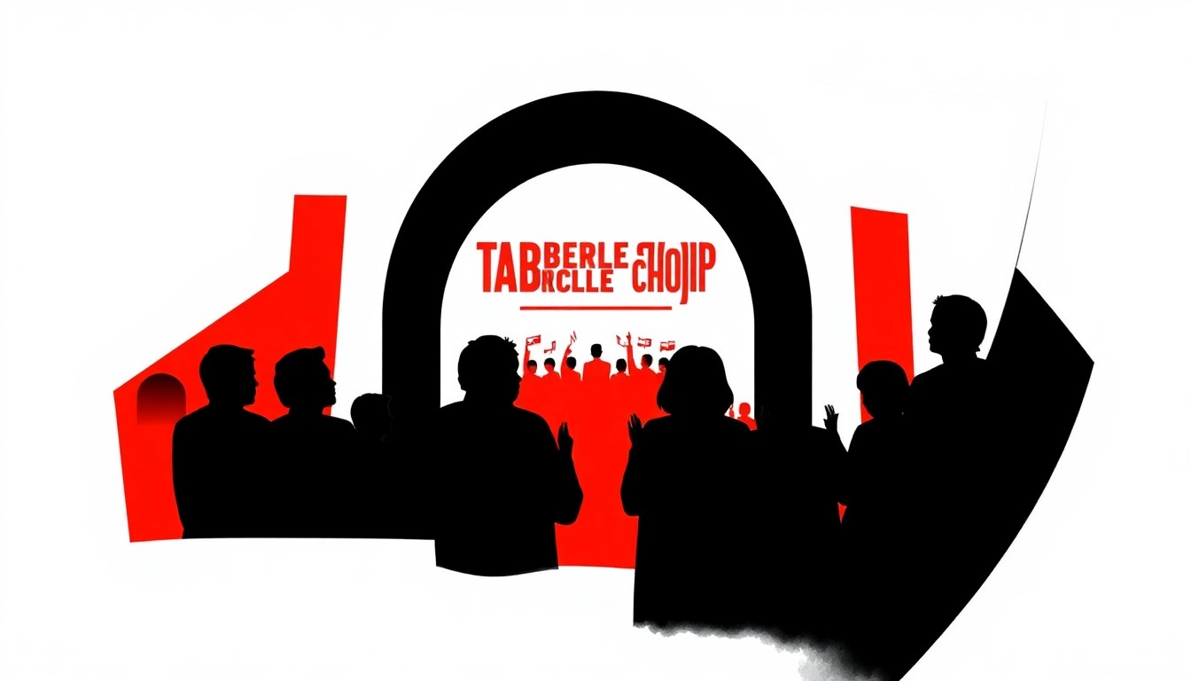 A bold, abstract composition of jagged geometric shapes in striking red and white, conceptually representing the Tabernacle Choir's 100-year anniversary performance and its charitable mission.