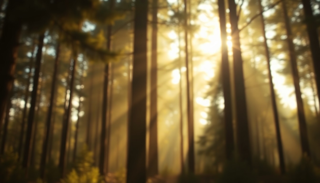 An abstract, out-of-focus photograph in warm, earthy tones depicting a forest scene with dappled sunlight filtering through tall pine trees, conceptually representing the intimate, natural setting of the Staggered Cabin.