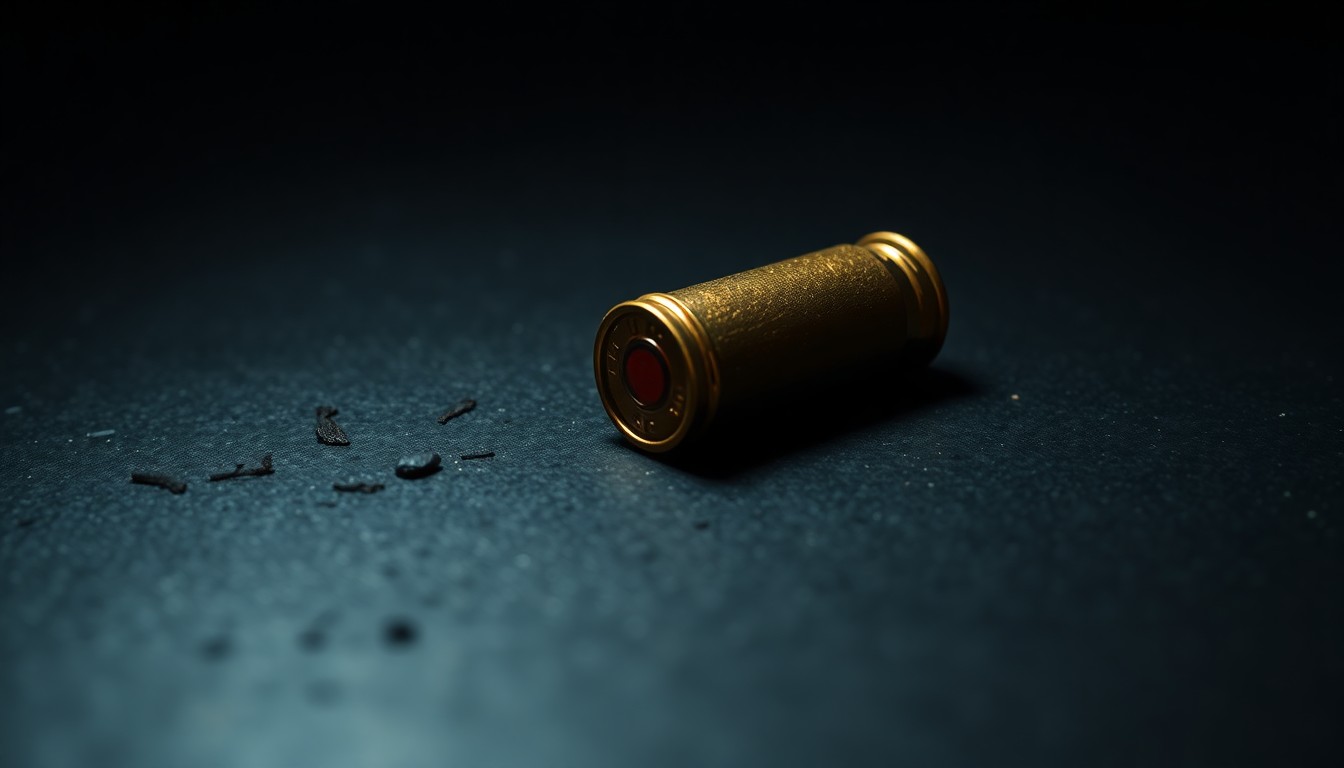 An extreme close-up photograph of a single spent bullet casing on a dark, textured surface, lit by a harsh camera flash, conceptually illustrating the aftermath of a violent crime incident.