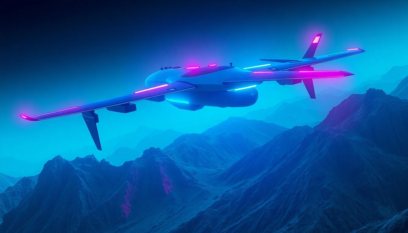 A highly detailed, glowing 3D illustration of a futuristic military drone or unmanned aerial vehicle hovering above a rugged, mountainous terrain, illuminated by neon cyan and magenta lights, conceptually representing the military's embrace of new technologies.
