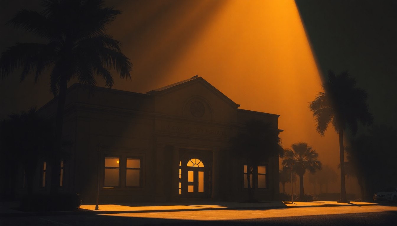 A serene, nostalgic painting of a government building in warm sunlight, conveying the quiet contemplation of a city council meeting.