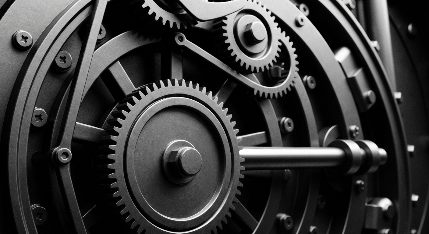 A high-contrast, macro-level view of the complex gears and mechanisms that make up the door of a bank vault, conveying the tangible, physical power of the banking industry.