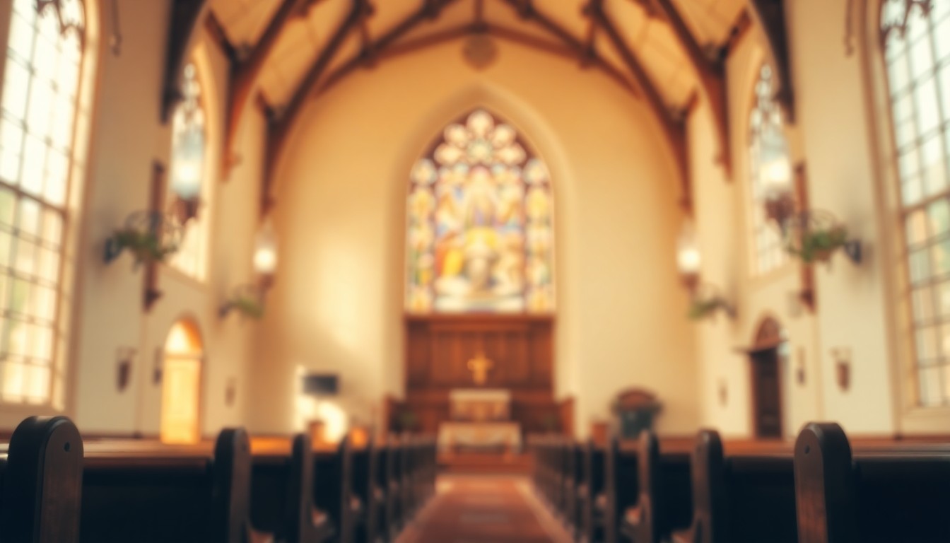 An abstract, impressionistic photograph in soft, warm tones depicting the interior of a church, with blurred pews and stained glass windows visible through the hazy light, conveying a sense of reverence and community.
