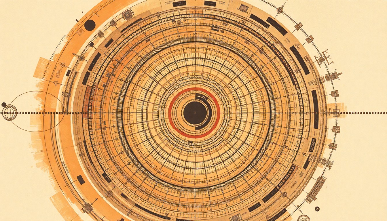 A highly structured abstract painting in earthy tones, featuring sweeping geometric arcs, concentric circles, and precise botanical spirals, conceptually representing the complex scientific and engineering principles behind the NASA Rover Challenge.